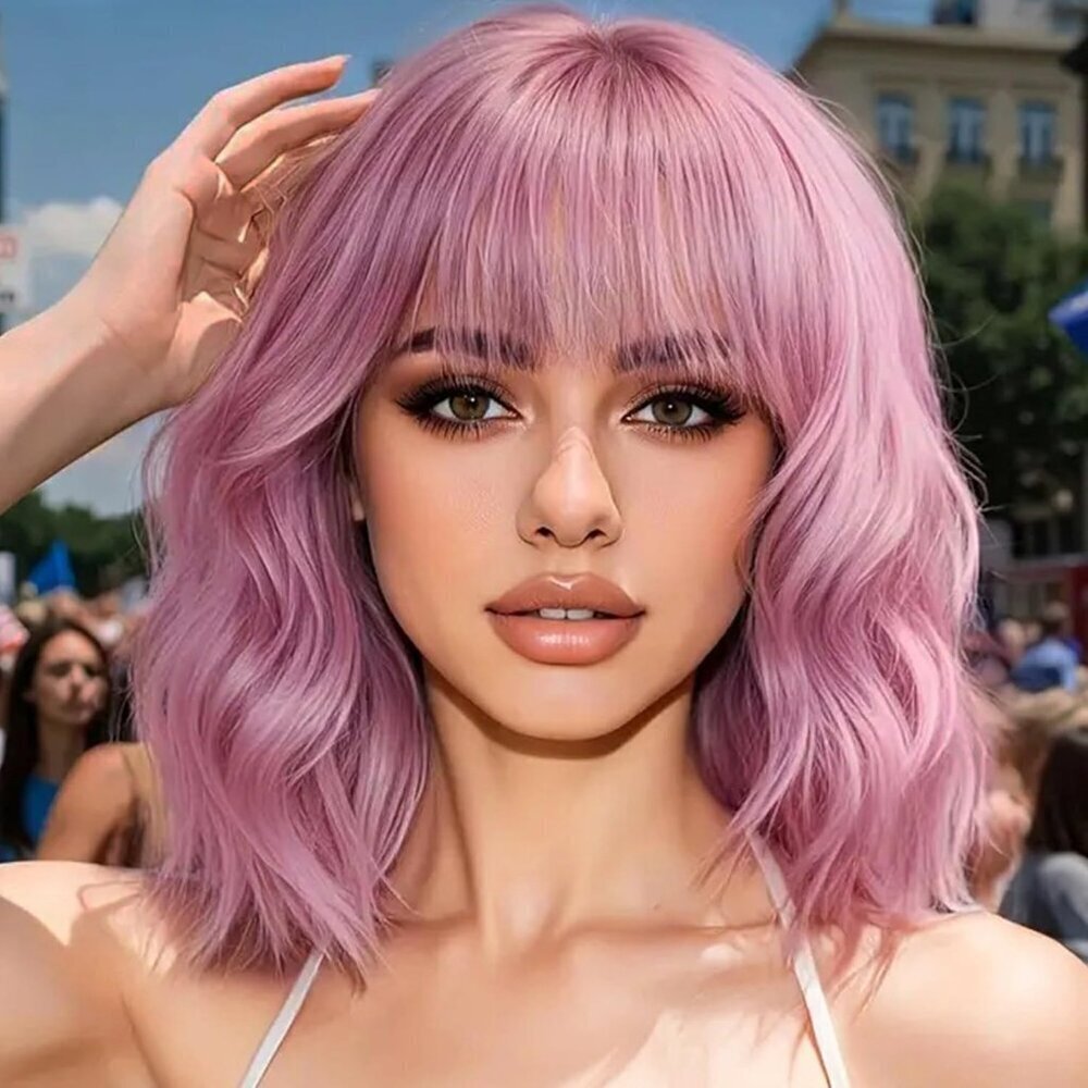 Womens Purple Pink 14 Inch Short Pastel Wavy Curly Shoulder Length Synthetic Wig